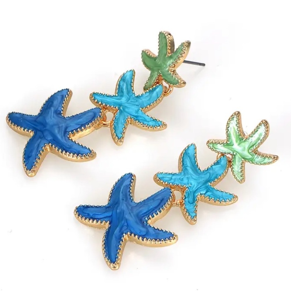 Blue & Green Swirly Enamel Starfish Gold Toned Stud Earrings - Picture 3 of 4